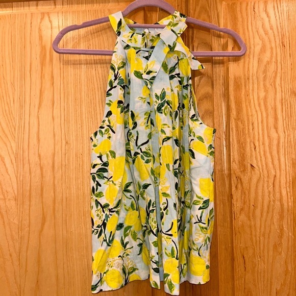 1901 Tops - Lemon Print Sleeveless Halter Top Bow Neck Linen Blend Summer Cute Blouse XS